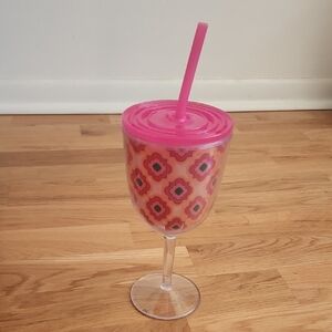 Pink Patterned Wine Tumbler with Straw
